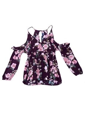 American Eagle flowey burgundy floral rose cold shoulder top with v-neck front